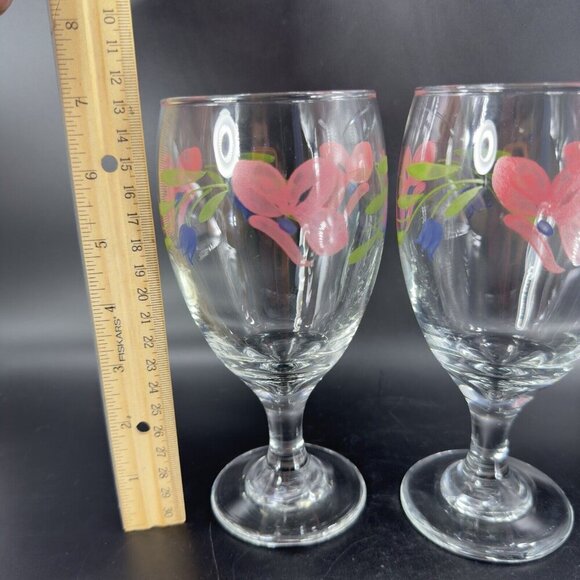 Libbey Barware Glasses Pink Flowers Water Goblet Drinking Glasses Set 2 VTG - Picture 7 of 14